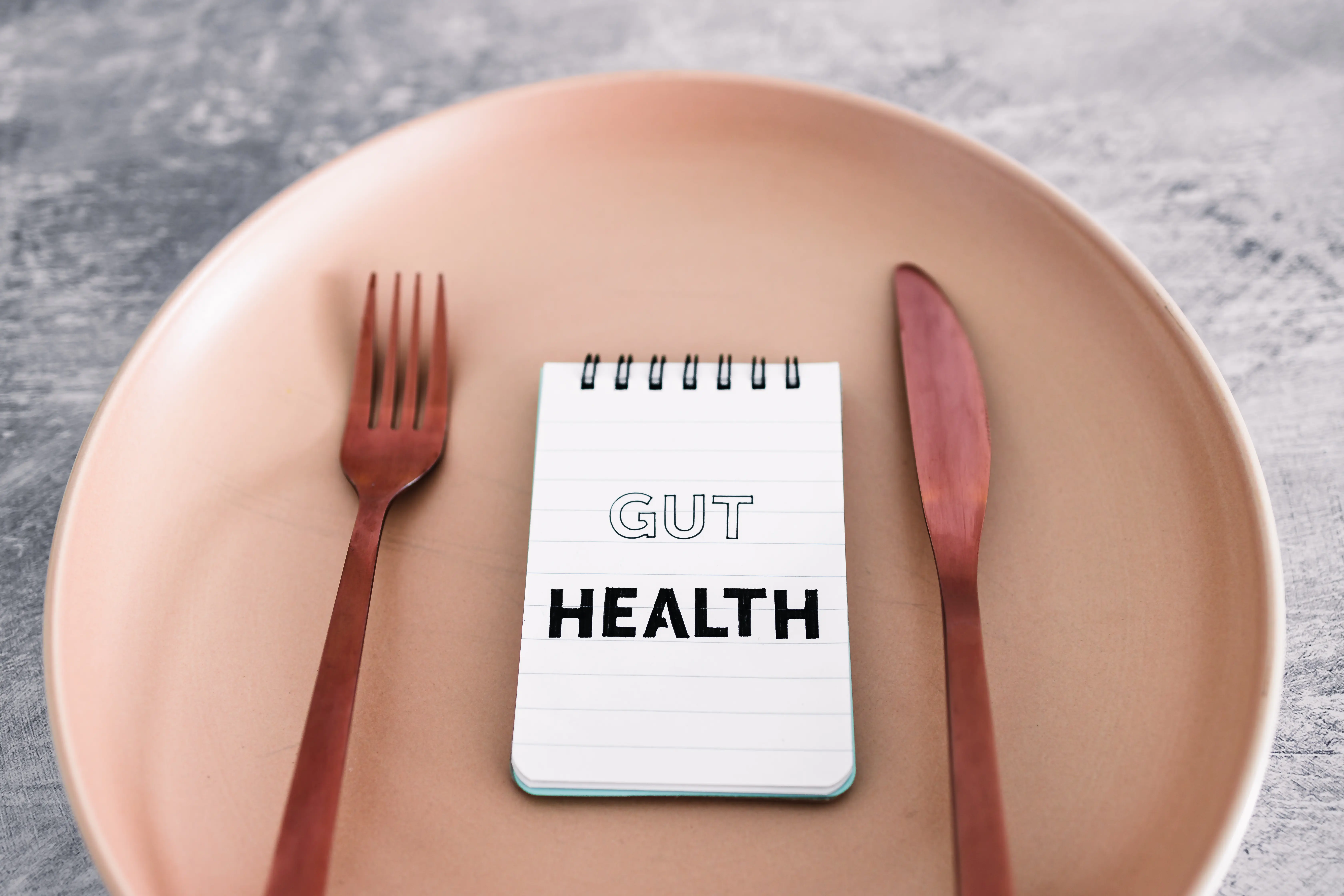 Teller mit Besteck und Aufschrift Gut Health